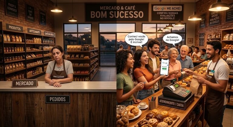 Cliente mostrando no celular que encontrou o mercado e café no Google, com atendente e outros clientes no balcão