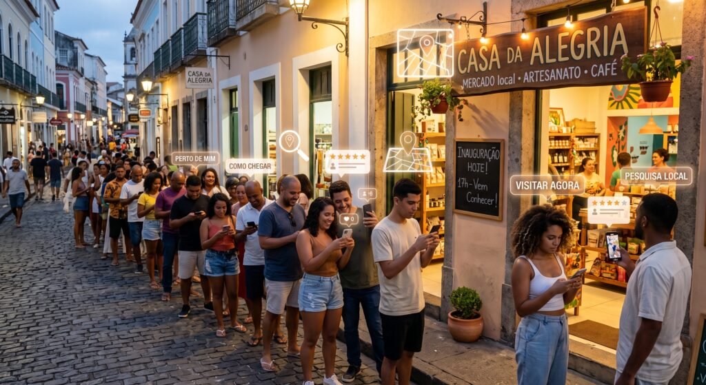 Fila de pessoas com celular na mão em frente a uma loja de rua iluminada, atraídas por uma empresa encontrada no Google