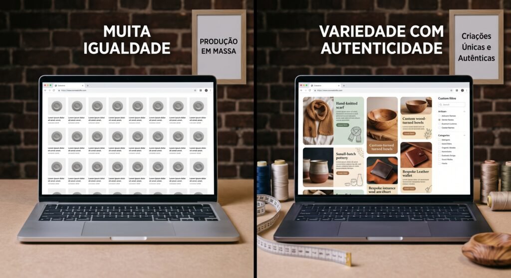 Dois notebooks lado a lado: um com site de layout repetido e outro com site sob medida com identidade própria