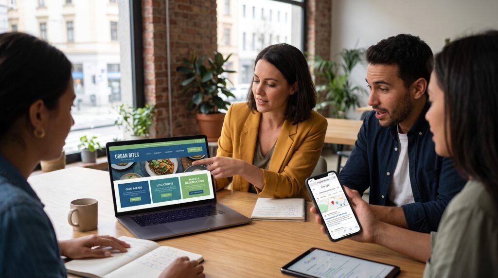 Três pessoas em uma mesa com notebook mostrando um site e celular com rede social, conversando sobre a presença digital da empresa